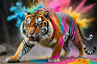 The appearance of colorful and colorful tiger.
The background shows rainbow-colored powder spreading like an explosion.
It is so ridiculous that it is hard to distinguish the front,

only asian dragon, Ultra close-up photography, Ultra-detailed, ultra-realistic, full body shot, 