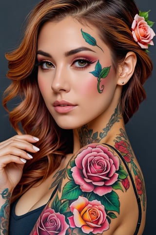 Multicolored rose tattoos on the entire body of a beautiful woman.

Ultra-detailed, ultra-realistic, Ultra clear, full body shot, Ultra close-up photography
