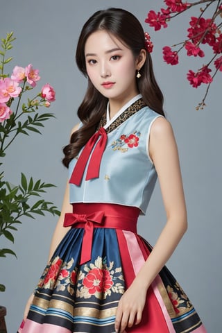 (1 23yo Korean star with royal sister style), ((best quality, 8k, masterpiece: 1.3)), focus: 1.2, perfect body beauty: 1.4, (smile: 1.2), (old palace in korea: 1.5), highly detailed face and skin texture, delicate eyes, double eyelids, whitened skin, (air bangs: 1.3), (round face: 1.5), hanbok (top light pink flower and red gold floral pattern sleeveless silk jeogori, intense black and sky blue stripes silk mini skirt, The goreum of the jeogori is black:1.4), Lucky bag and norigae on the waist, Korea hanbok style, Top and bottom completely separated, random model pose, Head size in proportion to the body, Young beauty spirit, inkGirl, Hanbok, clear border, Clothing made of very thin silk, full body shot, FilmGirl, xxmix_girl, kwon-nara, cutegirlmix,cutegirlmix,kwon-nara, Asian Girl, Asian Woman
