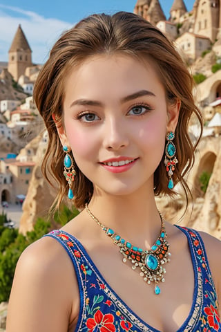 (1 22yo beauy girl), best quality, 8k, masterpiece, focus, perfect body beauty, highly detailed face and skin texture, delicate eyes, double eyelids, whitened skin,  Young beauty spirit, (bright smile), 
((The hair style and color is random, the necklace is random, the earrings are random, clothes style and color and pattern is random,  and the shoes are random, pose is random)). ((The background is randomly selected from famous tourist attractions in Cappadocia in Turkye)), The overall atmosphere is bright and colorful.
Ultra-clear, ultra-detailed, ultra-realistic, (((full body shot))), ,photo_b00ster