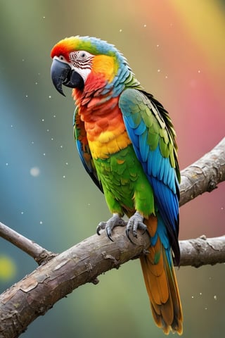 The appearance of colorful and colorful parrot sitting on a tree branch.
The background shows rainbow-colored powder spreading like an explosion. 
It is so ridiculous that it is hard to distinguish the front,

Ultra-detailed, ultra-realistic, Ultra clear, full body shot, 