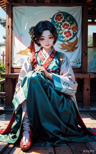 Girl,Drees,Black hair,short hair, colorful cloth, korea Traditional clothes), light smile, hua, (masterpiece:1.2, best quality), (Soft light), (shiny skin), 1girls,korea ink painting style,1girl, korea treditional cloth, hanbok, ,Realism,Extremely Realistic