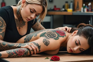 A workbench is seen with a beautiful woman lying face down, and a tattooist is carving a rose on the back of the woman lying face down on it.
Ultra-detailed, ultra-realistic, Ultra clear, full body shot, Ultra close-up photography