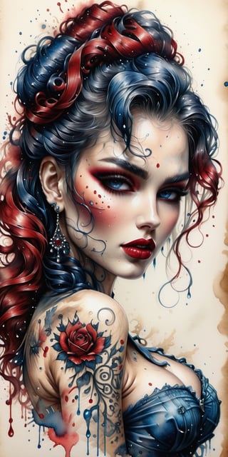 An intricate pencil drawing, whole figure of a beautiful rockabilly woman, darkness, red and blue,  beautiful face, full of details, beautiful body, sharp focus,, large breasts, ,faize, .SLB., 