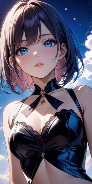 //Quality, Masterpiece, Top Quality, Official Art, Aesthetic and Beautiful, 16K, highest definition, high resolution, 
//Character, (1girl), beautiful skin, waist up portrait, The girl with blue sky and white clouds background, shyly face, sexy outfit, front view, (Bokeh, Sharp Focus), low angle, cinematic lighting, 