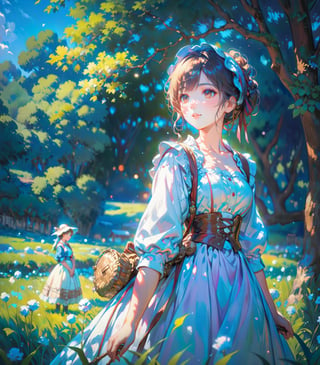 A shepherdess depicted in the Impressionist style, amidst soft, dappled light and flowing fields. (masterpiece, top quality, best quality, official art, beautiful and aesthetic:1.2), (1girl),  portrait, extreme detailed, highest detailed, 16k, high resolution, dynamic composition, (bokeh, sharp focus:1.2), low angle, high color contrast, depth of field, 