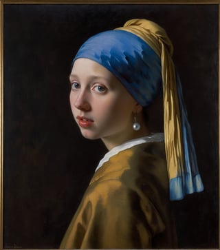 Girl with a Pearl Earring, Johannes Vermeer.
14 years old girl, Tilting head, only little open mouth, waist up portrait, (look from side:0.5), ((looking at viewer)).
