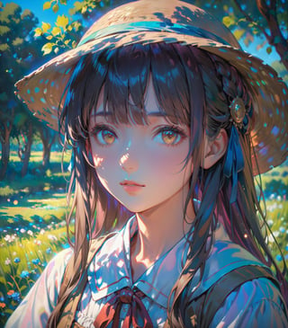 A shepherdess depicted in the Impressionist style, amidst soft, dappled light and flowing fields. (masterpiece, top quality, best quality, official art, beautiful and aesthetic:1.2), (1girl),  portrait, extreme detailed, highest detailed, 16k, high resolution, dynamic composition, (bokeh, sharp focus:1.2), low angle, high color contrast, depth of field, 