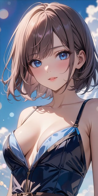 //Quality, Masterpiece, Top Quality, Official Art, Aesthetic and Beautiful, 16K, highest definition, high resolution, 
//Character, (1girl), beautiful skin, waist up portrait, The girl with blue sky and white clouds background, shyly face, sexy outfit, front view, (Bokeh, Sharp Focus), low angle, 