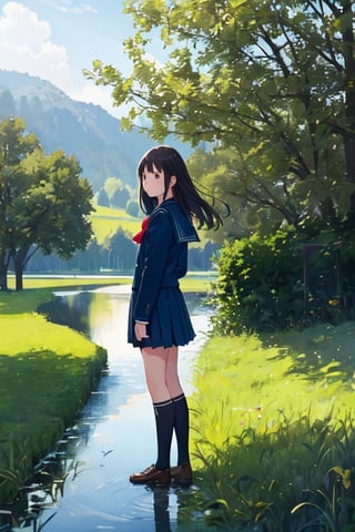 1girl, shool uniform, standing, grass, lake, nature, masterpiece, best quality, very aesthetic, absurdres