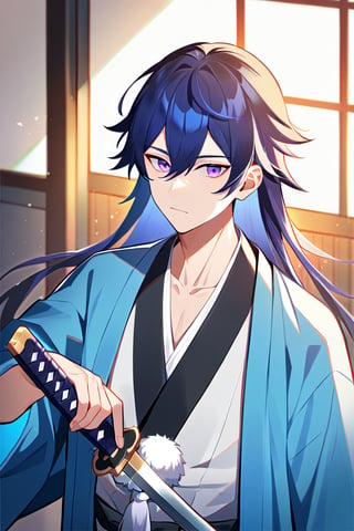 1boy, male focus, bishounen, holding sword, holding weapon, katana, sword, japanese clothes, haori, east asian architecture, solo, looking at viewer, expressionless, blue hair, purple eyes, long hair, best quality, amazing quality, best aesthetic, absurdres
