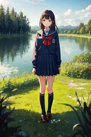 1girl, shool uniform, standing, grass, lake, nature, masterpiece, best quality, very aesthetic, absurdres