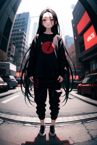 masterpiece, best quality, 1girl, red eyes, black hair, long hair, straight hair, forehead, shirt, pants, shoes, standing, outside, [fisheye lens:: 1]