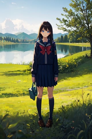 1girl, shool uniform, standing, grass, lake, nature, masterpiece, best quality, very aesthetic, absurdres