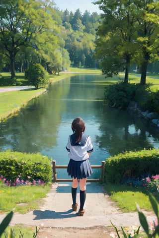 1girl, shool uniform, standing, grass, lake, nature, masterpiece, best quality, very aesthetic, absurdres