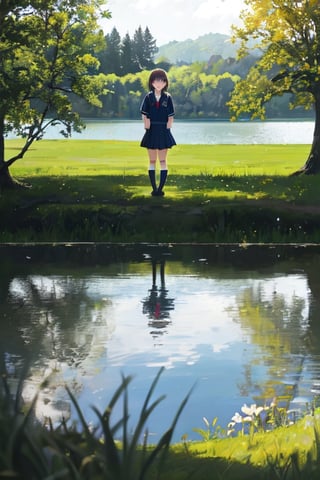 1girl, shool uniform, standing, grass, lake, nature, masterpiece, best quality, very aesthetic, absurdres