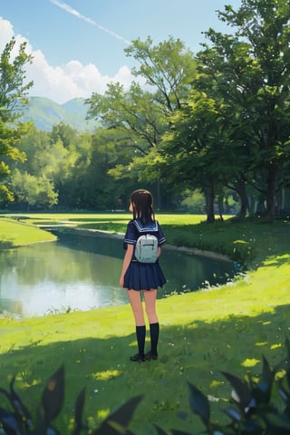 1girl, shool uniform, standing, grass, lake, nature, masterpiece, best quality, very aesthetic, absurdres