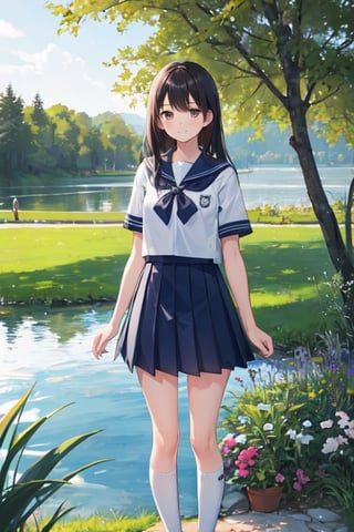 1girl, shool uniform, standing, grass, lake, nature, masterpiece, best quality, very aesthetic, absurdres