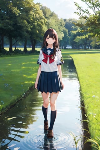 1girl, shool uniform, standing, grass, lake, nature, masterpiece, best quality, very aesthetic, absurdres