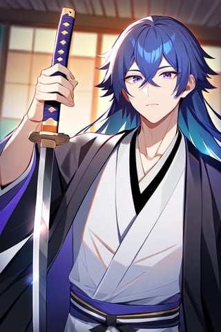 1boy, male focus, bishounen, holding sword, holding weapon, katana, sword, japanese clothes, haori, east asian architecture, solo, looking at viewer, expressionless, blue hair, purple eyes, long hair, best quality, amazing quality, best aesthetic, absurdres
