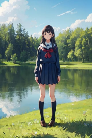 1girl, shool uniform, standing, grass, lake, nature, masterpiece, best quality, very aesthetic, absurdres