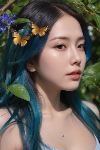 (ultra realistic,best quality),photorealistic,Extremely Realistic, in depth, cinematic light,portrait of a beautiful hubggirl, luminism, golden lines, 
a  21yo  has long swirling green hair, lavish green leaves, falling blue flowers, celestial lighting, butterflies, tree branches, sky, golden glowing, water drops, 

perfect lighting, vibrant colors, intricate details, high detailed skin, pale skin,