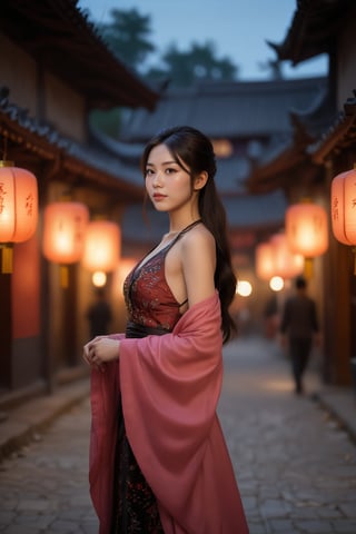 (ultra realistic,best quality),photorealistic,extremely realistic, in depth, cinematic light,hubggirl, 26yo girl, long flowing black hair, wearing an elegant evening gown, standing in an ancient chinese town during a lantern festival, surrounded by softly glowing lanterns and historic architecture, looking back over her shoulder with a serene expression, the atmosphere is mystical and poetic, capturing the essence of the verse "众里寻他千百度,蓦然回首,那人却在,灯火阑珊处。", dynamic poses,particle effects, perfect hands,perfect lighting,vibrant colors, intricate details,high detailed skin,intricate background, realism,raw,analog,taken by sony alpha 7r iv,zeiss otus 85mm f1.4,iso 100 shutter speed 1/400,
