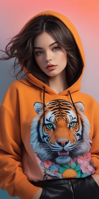 (masterpiece, high quality, 8K, high_res:1.5), 
brilliant merge cartoon drawning style and photorealism, hand-drawn fashion photography,
portrait of an incredibly beautiful woman, (((tiger color hair))), golden green eyes,
clothing \orange oversized hoodie with black ornament, black leather pants\,
art studio background, neon lighting enviroment, sensual and elegant,
unexpectable camera angle, model pose, trending on teenagers magazines and social media.
,fflixmj6,hubggirl