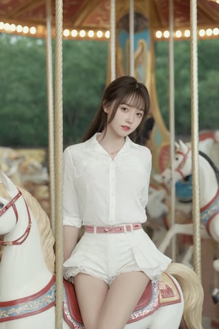 photorealistic,portrait of hubggirl, 
(ultra realistic,best quality),photorealistic,Extremely Realistic, in depth, cinematic light,

Beautiful girl wearing white collared shirt and shorts riding carousel alone. Long flowing hair, bangs, delicate facial features, and charming black eyes. His expression was calm with a hint of nervousness. Full body shot, high resolution, realistic, with film grain effect.

perfect hands,perfect lighting, vibrant colors, intricate details, high detailed skin, pale skin, intricate background, realism,realistic,raw,analog,portrait,photorealistic, taken by Canon EOS,SIGMA Art Lens 35mm F1.4,ISO 200 Shutter Speed 2000,Vivid picture,hubggirl