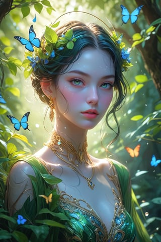 portrait of a beautiful 21yo hubggirl, seductive, shadow,long swirling green hair, lavish green leaves, falling blue flowers, celestial lighting, butterflies, tree branches, sky, golden glowing, water drops,best quality, masterpiece, high res, absurd res,perfect lighting, vibrant colors, intricate details,high detailed skin, pale skin,