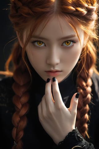 stunning anime portrait of a red-haired girl with intense yellow eyes, close-up view, intricate hand details, braided hair, dark clothing, strong light and shadow contrasts, black nails, 17 years old, digital illustration, inspired by yoshitaka amano, masterpiece