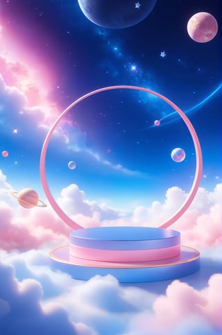 3D\(hubgstyle)\,
a round podium on the ground in the middle, cosmos theme, clouds, starry sky, planets in the sky, gradient blue and pink galaxy in the background, 

professional 3d model, anime artwork pixar, 3d style, good shine, OC rendering, highly detailed, volumetric, dramatic lighting, 