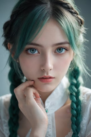 (ultra realistic,best quality),photorealistic,Extremely Realistic,in depth,cinematic light,hubggirl,

BREAK
stunning anime portrait of a green-haired girl with intense blue eyes, close-up view, intricate hand details, braided hair, white clothing, strong light and shadow contrasts, black nails, 21 years old, 

BREAK
dynamic poses, particle effects, perfect hands, perfect lighting, vibrant colors, intricate details, high detailed skin, intricate background, realistic, raw, analog, taken by Sony Alpha 7R IV, Zeiss Otus 85mm F1.4, ISO 100 Shutter Speed 1/400, Vivid picture, More Reasonable Details