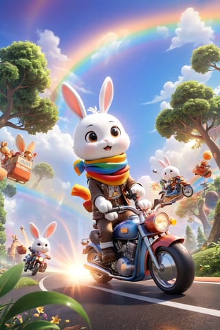  professional 3d model,anime artwork pixar,3d style,good shine,OC rendering,highly detailed,volumetric,dramatic lighting,furry,cute,(a bunny riding a motorcycle:1.1),rabbit,solo,(motor vehicle:1.2),riding,scarf,running on the rainbow,tree,extreme perspective,looking up at the camera,rainbow,fire spray,speed,humorous,beautiful colorful background,very beautiful,masterpiece,best quality,super detail,anime style,key visual,vibrant,studio anime,3D\(hubgstyle)\