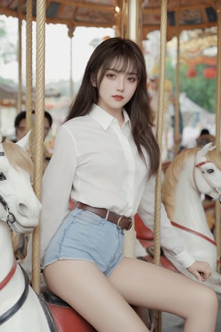 photorealistic,portrait of hubggirl, 
(ultra realistic,best quality),photorealistic,Extremely Realistic, in depth, cinematic light,

Beautiful girl wearing white collared shirt and shorts riding carousel alone. Long flowing hair, bangs, delicate facial features, and charming black eyes. His expression was calm with a hint of nervousness. Full body shot, high resolution, realistic, with film grain effect.

perfect hands,perfect lighting, vibrant colors, intricate details, high detailed skin, pale skin, intricate background, realism,realistic,raw,analog,portrait,photorealistic, taken by Canon EOS,SIGMA Art Lens 35mm F1.4,ISO 200 Shutter Speed 2000,Vivid picture,hubggirl