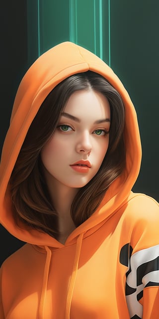 (ultra realistic,best quality),photorealistic,Extremely Realistic, in depth, cinematic light,hubggirl,
brilliant merge cartoon drawning style and photorealism, hand-drawn fashion photography,
portrait of an incredibly beautiful woman, (((tiger color hair))), golden green eyes,
clothing \orange oversized hoodie with black ornament, black leather pants\,
art studio background, neon lighting enviroment, sensual and elegant,
unexpectable camera angle, model pose, trending on teenagers magazines and social media.
