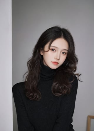 raw, photo, realistic BREAK an woman,clean skin,wearing a black turtleneck sweater,soft hair,black long curly hair,looking at the camera,More Reasonable Details,hubggirl,Chinese girl