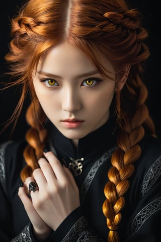 stunning anime portrait of a red-haired girl with intense yellow eyes, close-up view, intricate hand details, braided hair, dark clothing, strong light and shadow contrasts, black nails, 17 years old, digital illustration, inspired by yoshitaka amano, masterpiece