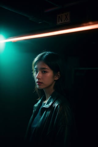 photograph, Neon Light, Dark hue, Iphone X, telephoto lens, Conceptual girl, volumetric lighting