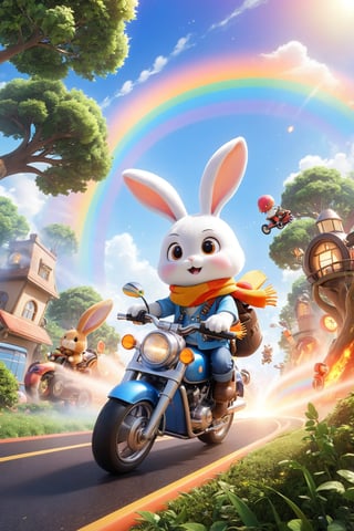  professional 3d model,anime artwork pixar,3d style,good shine,OC rendering,highly detailed,volumetric,dramatic lighting,furry,cute,(a bunny riding a motorcycle:1.1),rabbit,solo,(motor vehicle:1.2),riding,scarf,running on the rainbow,tree,extreme perspective,looking up at the camera,rainbow,fire spray,speed,humorous,beautiful colorful background,very beautiful,masterpiece,best quality,super detail,anime style,key visual,vibrant,studio anime,3D\(hubgstyle)\