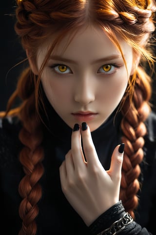 stunning anime portrait of a red-haired girl with intense yellow eyes, close-up view, intricate hand details, braided hair, dark clothing, strong light and shadow contrasts, black nails, 17 years old, digital illustration, inspired by yoshitaka amano, masterpiece