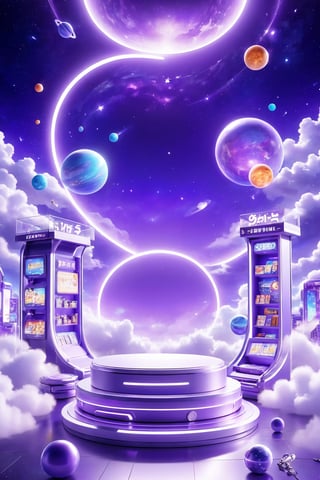 professional 3d model,anime artwork pixar,3d style,good shine,OC rendering,highly detailed,volumetric,dramatic lighting,3d\(hubgstyle)\,

E-commerce booth, a round podium on the ground in the middle, purple futuristic scene theme, clouds, starry sky, planets in the sky, glowing beam in the background,

beautiful colorful background,very beautiful,masterpiece,best quality,super detail,anime style,key visual,vibrant,studio anime,