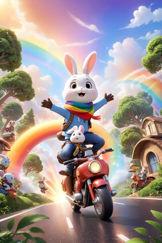  professional 3d model,anime artwork pixar,3d style,good shine,OC rendering,highly detailed,volumetric,dramatic lighting,furry,cute,(a bunny riding a motorcycle:1.1),rabbit,solo,(motor vehicle:1.2),riding,scarf,running on the rainbow,tree,extreme perspective,looking up at the camera,rainbow,fire spray,speed,humorous,beautiful colorful background,very beautiful,masterpiece,best quality,super detail,anime style,key visual,vibrant,studio anime,3D\(hubgstyle)\