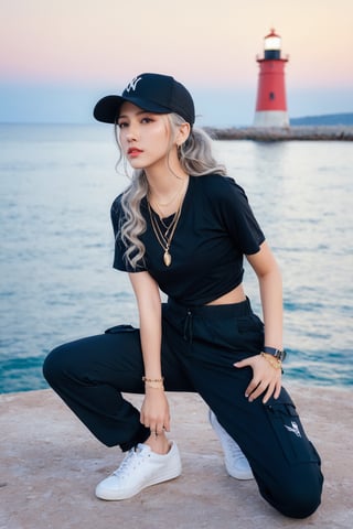 Masterpiece, details, super high quality, super high definition, 16k, hubggirl,
French girl,grey blonde hair(very long hair, curly_hair),long ponytail,hiphop dancer,wearing all black clothes (loose fit top and wide cargo pants),sneakers,accessories(necklace,ear_rings)baseball cap, sitting at sea bank,horizon,seaside,vivid sea color,red lighthouse,sunset,Best Quality, 32k, photorealistic, ultra-detailed, finely detailed, high resolution, perfect dynamic composition, beautiful detailed eyes, sharp-focus, cowboy_shot, nsfw,