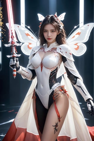 (ultra realistic,best quality),photorealistic,Extremely Realistic, in depth, cinematic light,mecha\(hubggirl)\,butterfly\(hubggirl)\,

a hubggirl robot soldier with white cape,holding a glowing red sword,

dynamic poses, particle effects, 
perfect hands, perfect lighting, vibrant colors, 
intricate details, high detailed skin, 
intricate background, realism, realistic, raw, analog, taken by Canon EOS,SIGMA Art Lens 35mm F1.4,ISO 200 Shutter Speed 2000,Vivid picture,