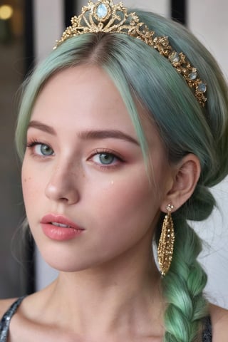 (ultra realistic,best quality),photorealistic,Extremely Realistic, in depth, cinematic light,hubggirl,

(masterpiece, best quality), High detailed, picture perfect face, blush, freckles, beautiful face, supermodel, colorful, (light green hair,multicolored hair), long hair,braids, side bun, golden tiara,perfectly textured skin,blue eyes,iridescent eyes, (perfect female body), (thic lips, broad lips), alluring, charming, beautiful, cute, tomboy, lipgloss, makeup,gold and gem earrings,Black top,thin fabric,