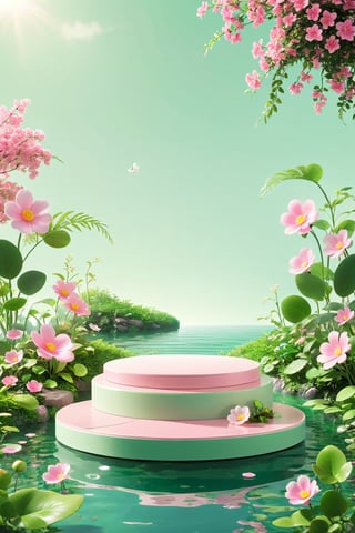 professional 3d model,anime artwork pixar,3d style,good shine,OC rendering,highly detailed,volumetric,dramatic lighting,3d\(hubgstyle)\,

a round podium on the ground in the middle, flower, water, no humans, leaf, plant, scenery, pink flower, light green theme,

beautiful colorful background,very beautiful,masterpiece,best quality,super detail,anime style,key visual,vibrant,studio anime,