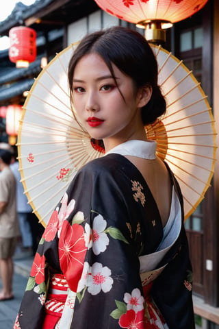 (ultra realistic,best quality),photorealistic,Extremely Realistic, in depth, cinematic light,hubggirl, 26yo girl, short wavy black hair, bold red lipstick, wearing a modernized traditional Japanese yukata with floral patterns, featuring a deep neckline and high slit, standing in a vintage Japanese street during a summer festival, surrounded by lanterns and food stalls, holding a traditional Japanese fan, the atmosphere is vibrant and nostalgic, blending traditional and contemporary fashion, perfect hands,perfect lighting,vibrant colors, intricate details,high detailed skin,intricate background, realism,raw,analog,taken by Sony Alpha 7R IV,Zeiss Otus 85mm F1.4,ISO 100 Shutter Speed 1/400,