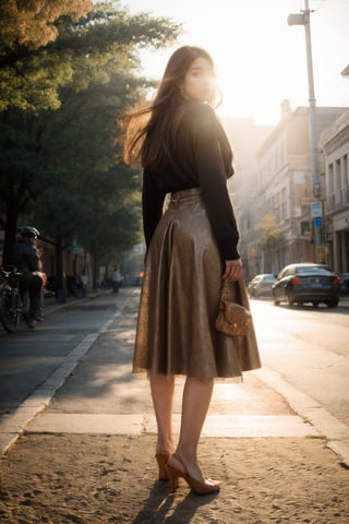 Surreal Portrait Photography of hubggirl, full body shot, ultra realistic,best quality ,photorealistic,Extremely Realistic, in depth, cinematic light, BREAK A 21-year-old woman walks confidently outside on a sun-kissed day. The camera captures her from the side and rear views, showcasing the skirt's texture and the way it hugs her curves. Earthy tones dominate the frame, with warm lighting casting a flattering glow. Her figure is accentuated by the cinematic composition, with the leather skirt taking center stage. BREAK perfect hands, perfect lighting, vibrant colors, intricate details, high detailed skin, intricate background, realistic, raw, analog, taken by Canon EOS,SIGMA Art Lens 35mm F1.4,ISO 200 Shutter Speed 2000,Vivid picture,