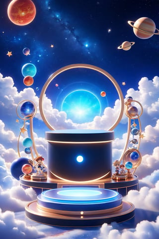 professional 3d model,anime artwork pixar,3d style,good shine,OC rendering,highly detailed,volumetric,dramatic lighting,3d\(hubgstyle)\,a round podium on the ground in the middle,clouds,starry sky,planets in the sky,glowing beam in the background,beautiful colorful background,very beautiful,masterpiece,best quality,super detail,anime style,key visual,vibrant,studio anime